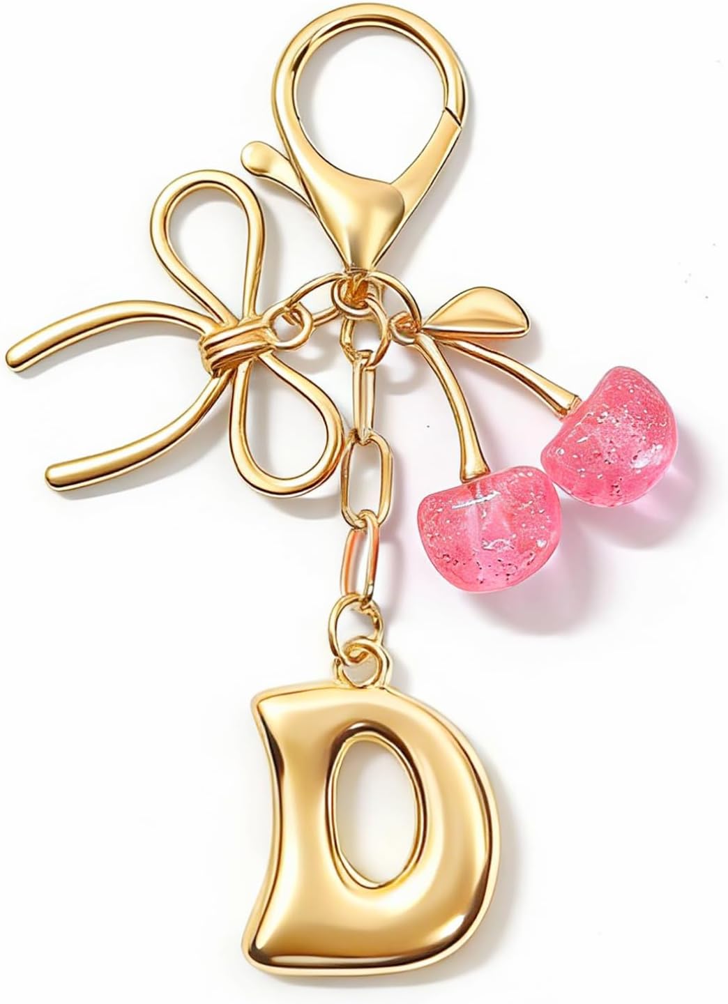 Gold Initial Keychain with Bow & Cherry - Bag Purse Charms Cute Letter Trendy Handbag Accessories, Gift for Women Her