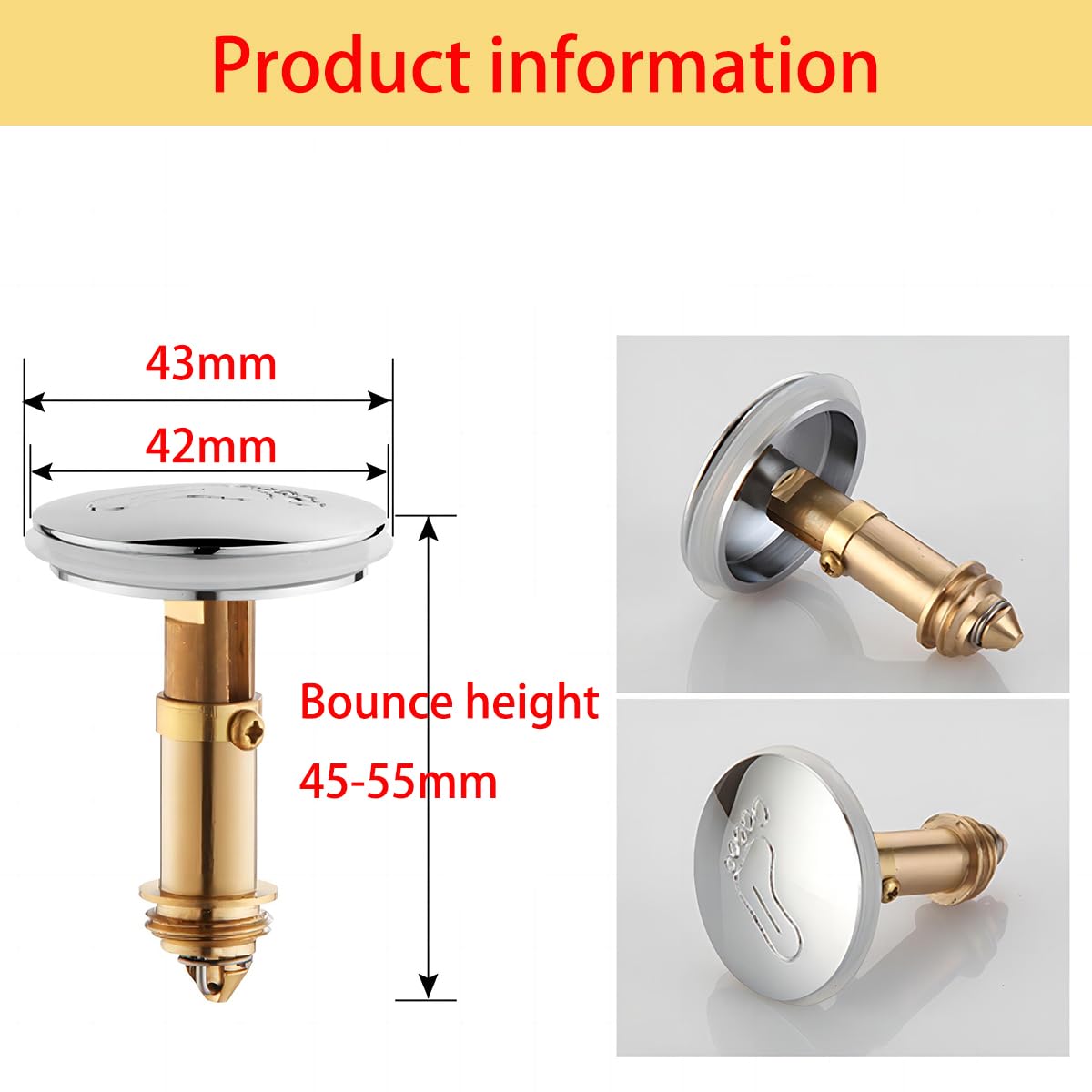 Qrity Push Pop-Up Click Clack Plug Stopper (43mm), Bathroom Sink Drain Plug, Brass Pop-Up Stopper for hole Diameter 43mm - Image 2