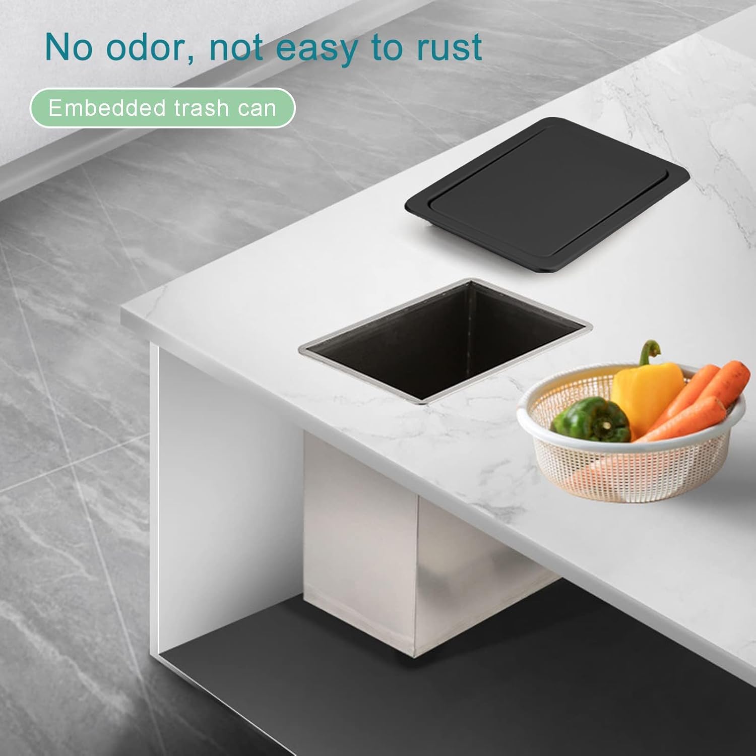 Recessed Countertop Trash Bin Lid, Built-in Waste Chute with Flap Cover, Stainless Steel Swing Trash Can Lid, Retangular Garbage Lid for Kitchen Counter,Black,430,Black,430