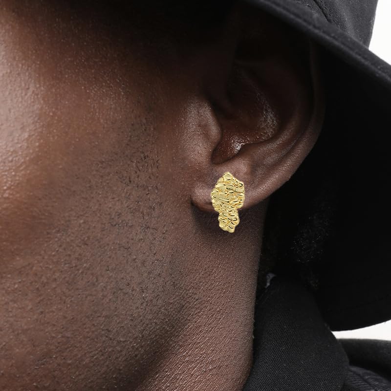 14k Gold Plated Rough Textured Cookie Nugget Stud Earrings For Men/Women Unisex4