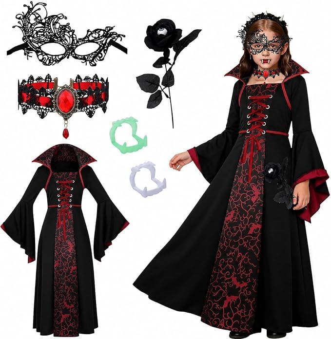 Vampire Costume Kids Girls Vampire Costume Set - Black/Red Halloween Dress with Mask & Fangss Royal Vampires Set for Girls Halloween Dress Up Party, Role-Playing, Carnival Cosplay-Themed Party