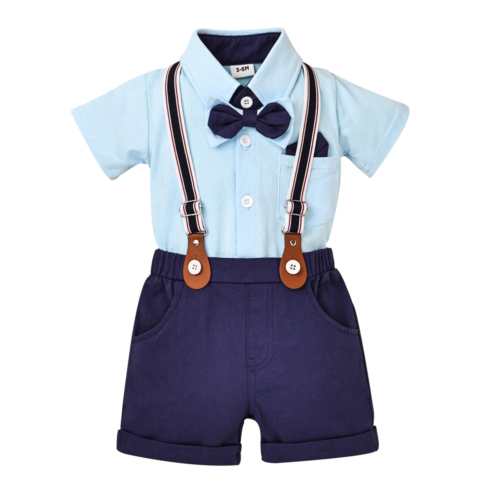 DOMOABEI Baby Boy Clothes Gentleman Outfits Infant Baby Bodysuit Shirt with Bowtie Suspender Shorts Baby Boy Suit Set 0-18M