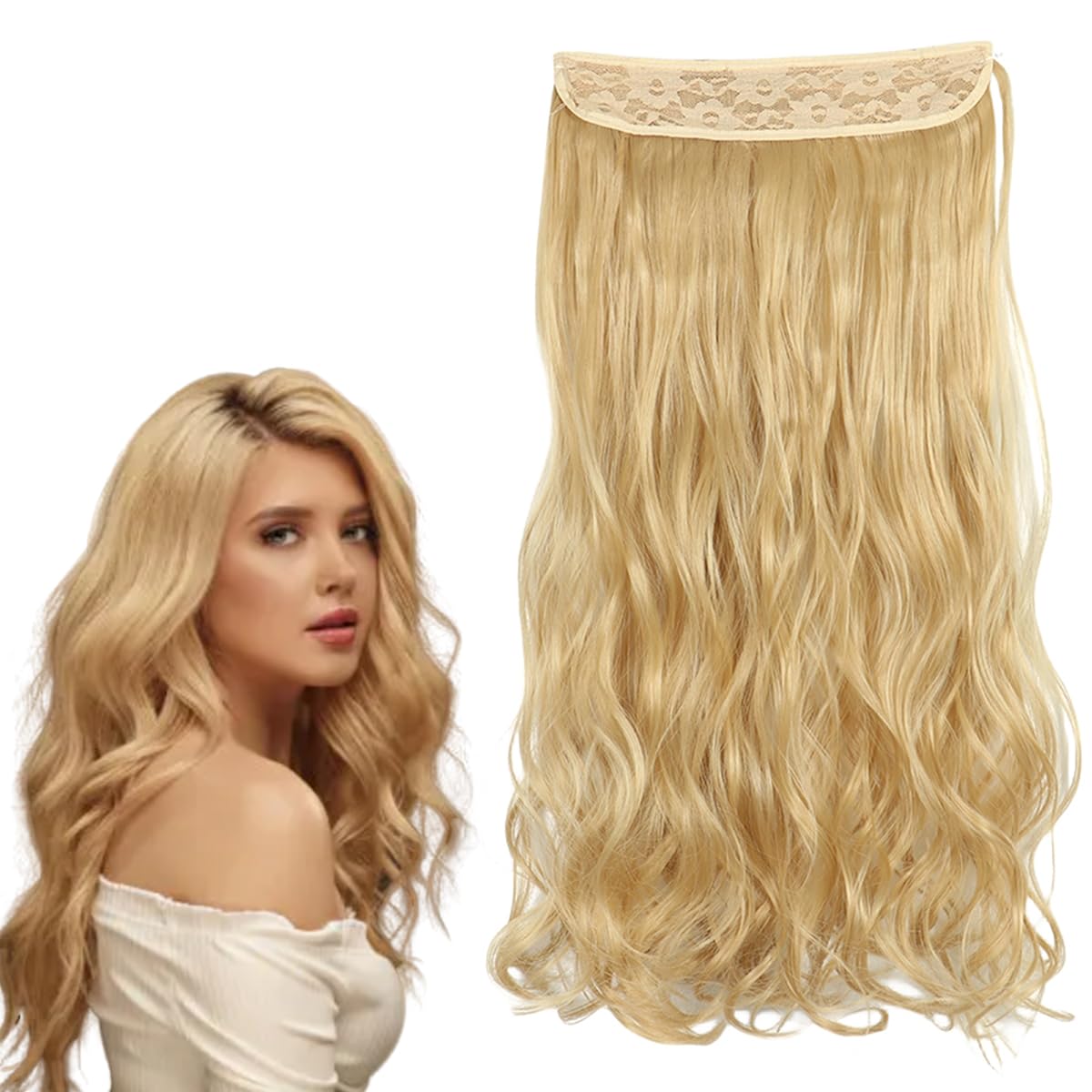 prinfantasy Hair Extension for Long Hair Resistant Fiber Soft Curly Fiber Line Metal buckle Adjustable Hairpiece Water Wave Seamless Golden Blonde Hair,MW228