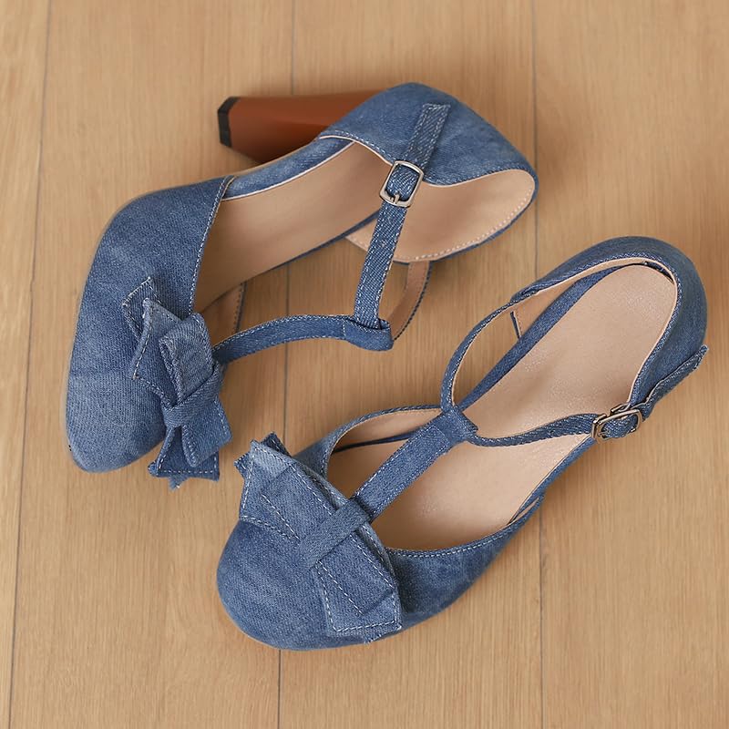Image of Elbslutt Women's Cute Retro Rockabilly Shoes T Strap Mary Janes Heels Chunky Cosplay Shoes Sweet Block Heeled Bow Pumps