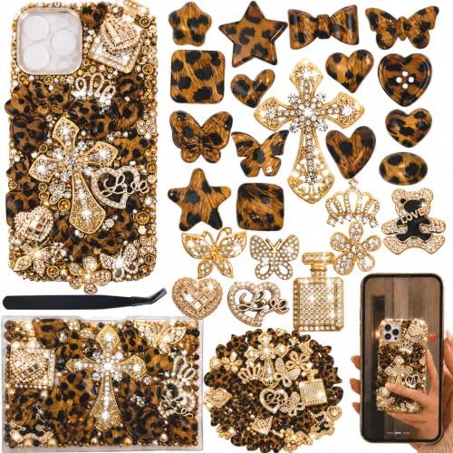 AVELICE Leopard Print Junk Case Large Charm Kit Wild Bold Phone Case Charms with Gold Rhinestone Cross&Alloy Butterfly Flower&Assorted Leopard Heart Charms for DIY Girls & Social Media Crafting