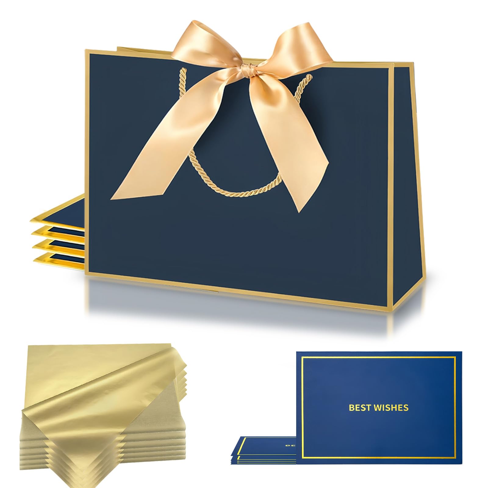 Medium Birthday Gift Bags for Presents,4Pcs White Paper Party Bags With Handles 6 Tissue Papers 4 Ribbons 4 Cards for Man Woman Girl Boy Bridesmaid Wedding Birthday Party Anniversary Christmas (Blue) โ image 1