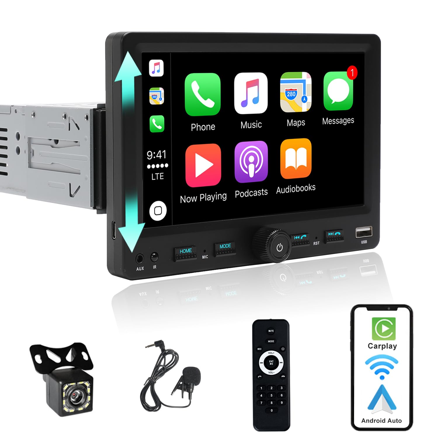 Autoradio 1Din mit 7 Zoll einstellbar Bildschirm, Kompatibel mit [Wireless] Apple CarPlay/Android Auto Bluetooth Typ-C USB(3A Schnellladung) AM/FM/RDS Radio Rückfahrkamera AUX SD