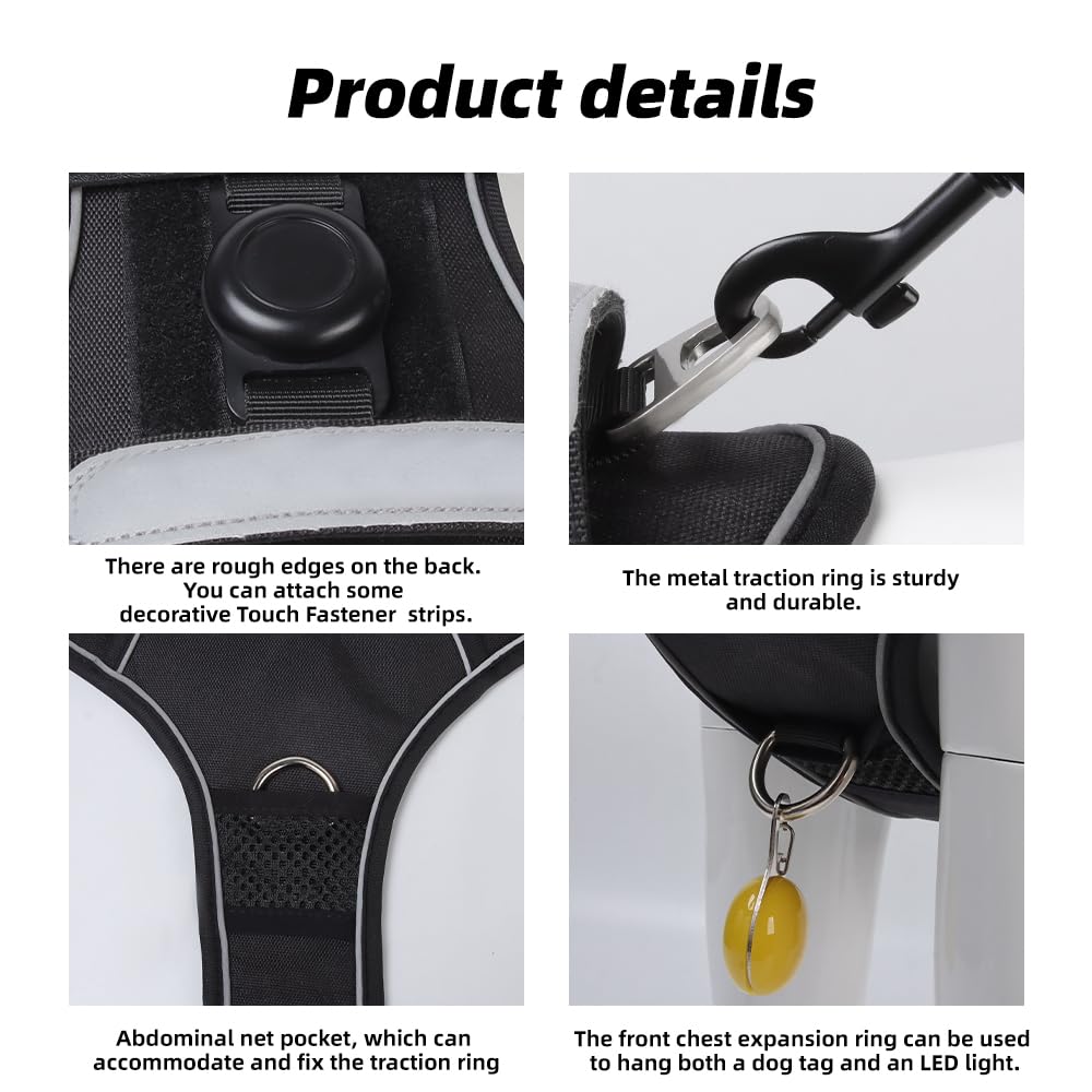 Airtag Dog Harness Chest Plate Reflective No Pull Harness with Leash for Extra Large Dogs (Black, M) - image 6