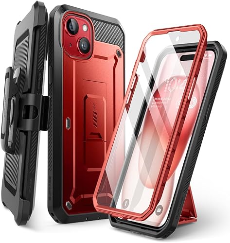 SUPCASE Funda para iPhone 15 con soporte y clip para cinturón, Unicorn Beetle Pro Protector de pantalla integrado Protección contra caídas de grado
