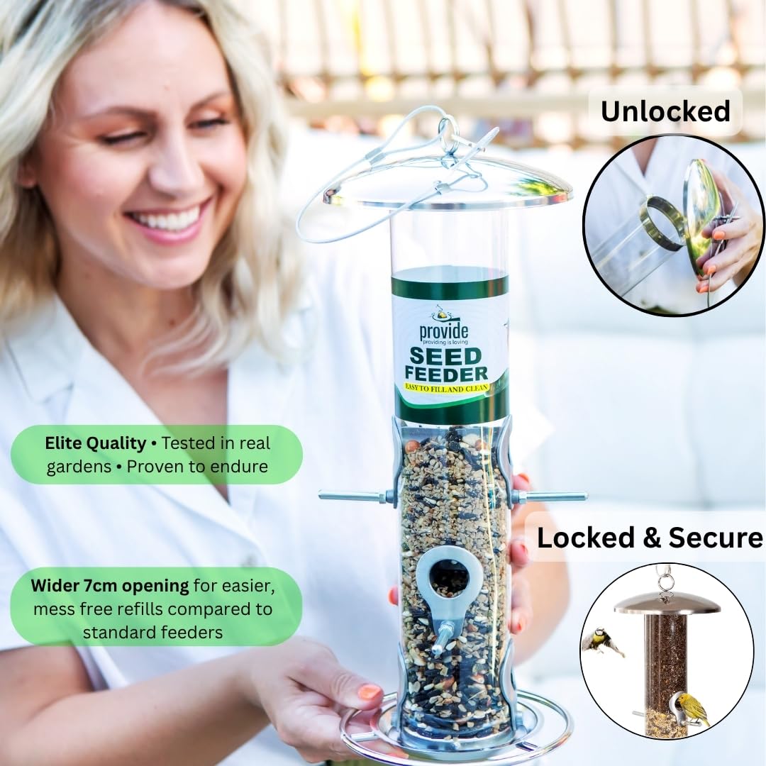 PROVIDE Comedero grande de acero inoxidable para pájaros, fácil de limpiar, comederos para pájaros pequeños, comederos para pájaros silvestres fáciles de abrir. Comedero colgante para semillas,