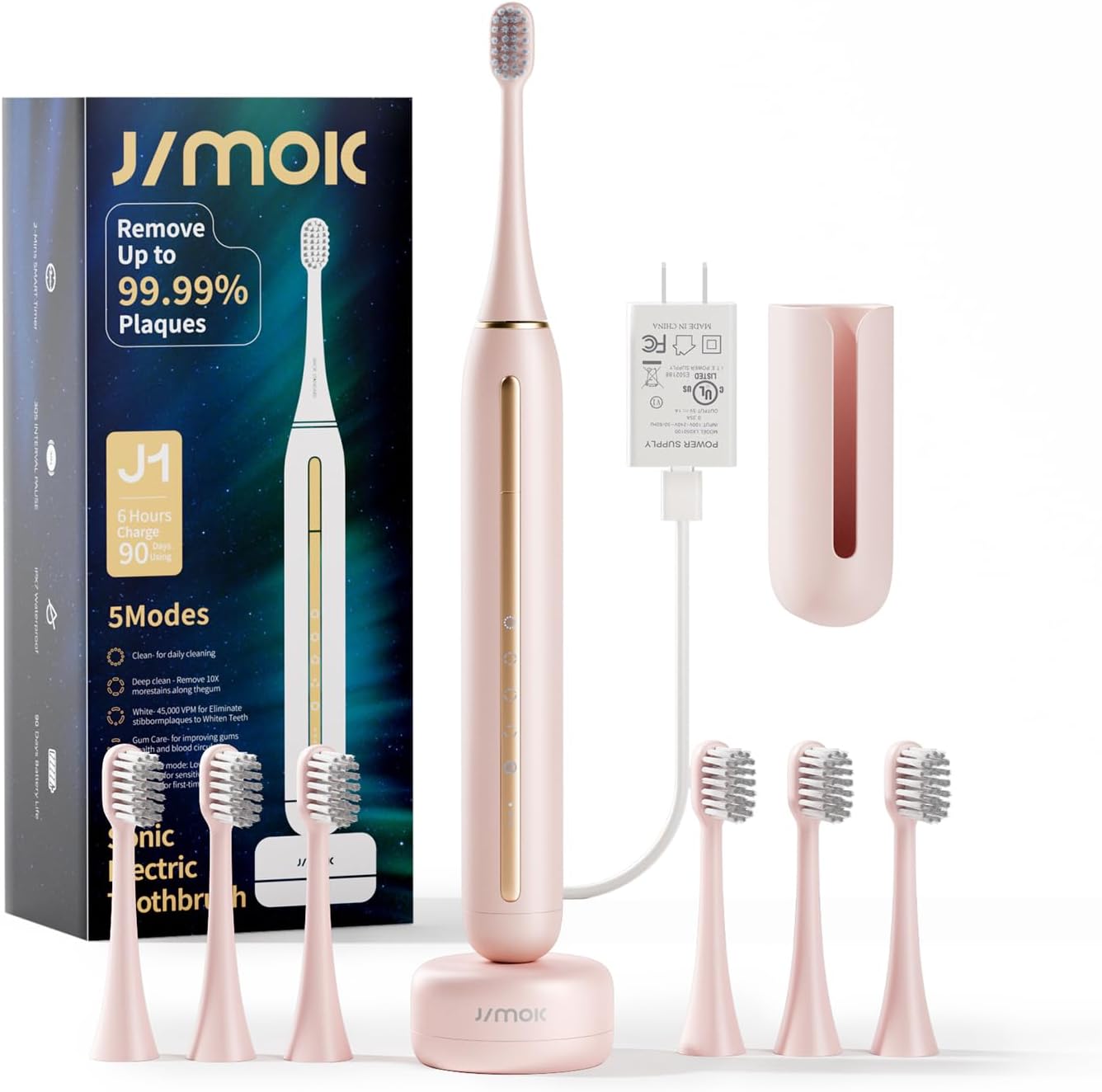 JIMOK Sonic Electrical Toothbrush for Adults, Pink, 3Dupont & 3Toray Brush Heads, 1 Cost for 90 Days Use, 5 Modes, A Additional Toothbrush, Consists of Wall Adapter