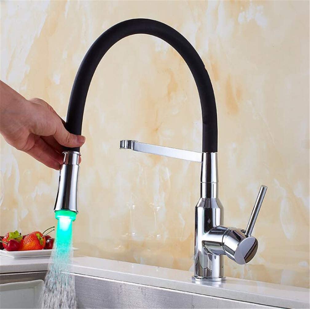 VDOQTLJT Led Kitchen Faucets with Rubber Chrome∕Nickel Mixer Faucet for Single Handle Pull Down Tap Crane for Sinks with Aerator Retro Chrome with(Chrome With Led)