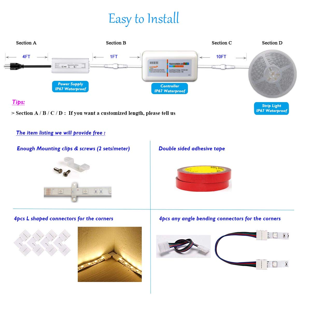 Continuous 55FT/Roll 12V 60LEDs/M RGB SMD 5050 LED Strip Light Flexible Waterproof IP65 Indoor/Outdoor with RF Remote & Controller and Power Supply
