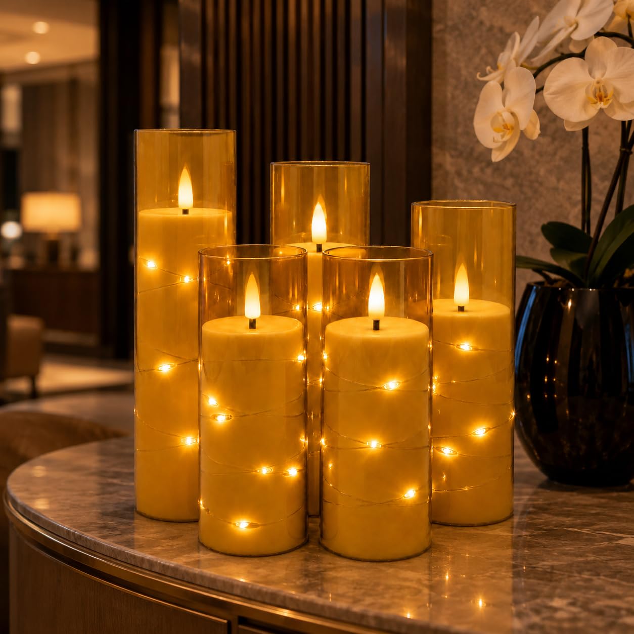 Da by 5 Candele LED Champagne con Luci Fatate Avvolgenti, Copertura Vetro Trasparente, Fiamma Tremolante Realistica, Resistenti al Caldo, 1 Telecomando per Decorazioni Interno ed Esterno