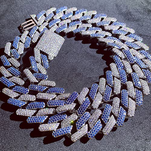 ICEDIAMOND 20mm Dual Colors Zirconia Iced Out Miami Cuban Chain Necklace, Prong Setting Blue-Clear Simulated Diamonds Heavy Luxury Rapper Chains, White Gold Plated Hip Hop Jewelry for Men Women3
