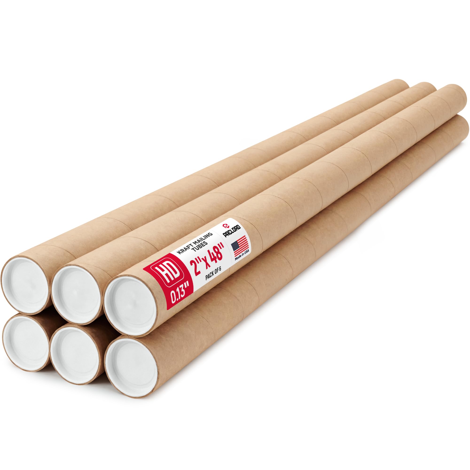Paclord 2" x 48" Heavy-Duty Reinforced Cardboard Mailing Tube, Pack of 6 Tubes with 12 Caps – Secure USPS Approved – Great for Shipping and Storing of Prints, Artwork, Posters or Documents