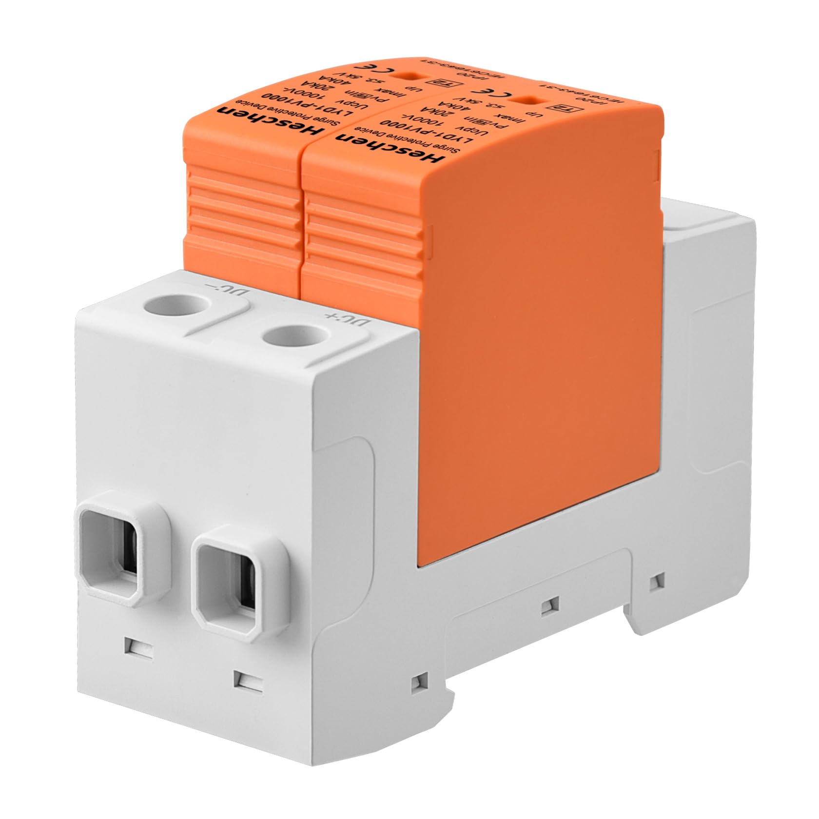 Heschen 1 Piezas Protector de Sobretensiones PV 1000VDC 2P, Descargador de Sobretensiones Fotovoltaico SPD 20kA/40kA Tipo 2, Protección contra Rayos Carril DIN 35mm