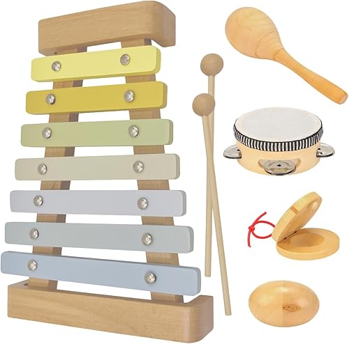 Instrumentos musicales de madera para niños pequeños, juguetes musicales estéticos, juguetes Montessori, pandereta de xilófono colorido, maracas,