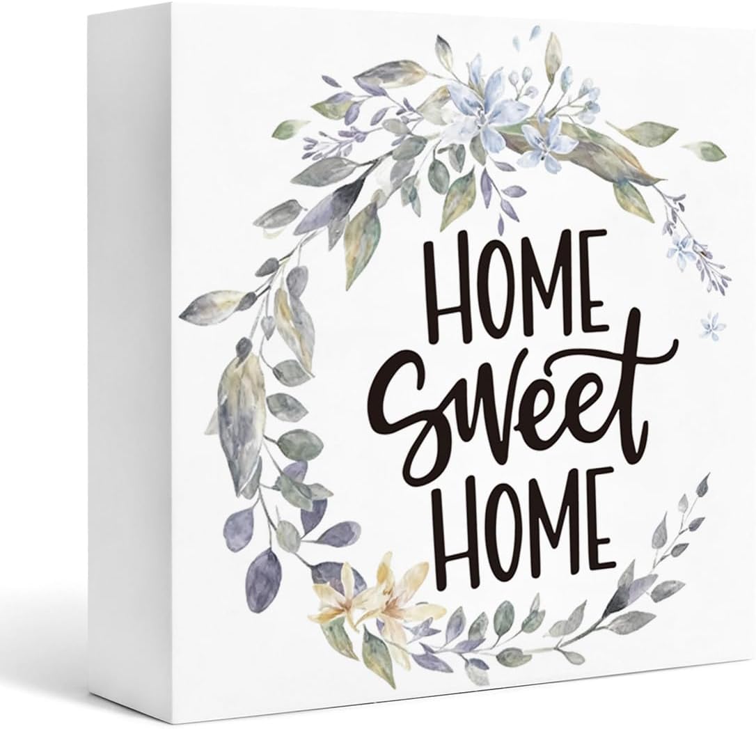 Farmhouse Wall Decor White Wood Box Sign, Home Sweet Home Floral Wreath Rustic Tabletop Shelf Display Accent for Entryway Living Room Housewarming Gift 5x5 Inches