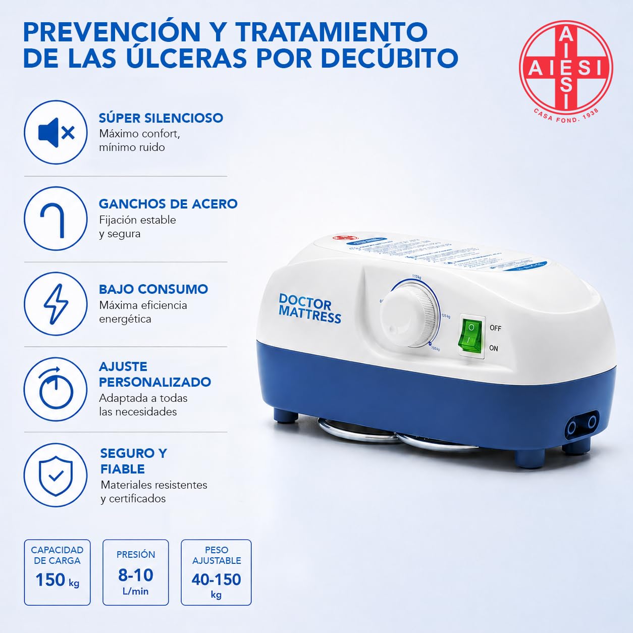 AIESI® Compresor Regulable de Ciclo alterno para colchón antiescaras, Ganchos de Acero, Garantía 24 Meses