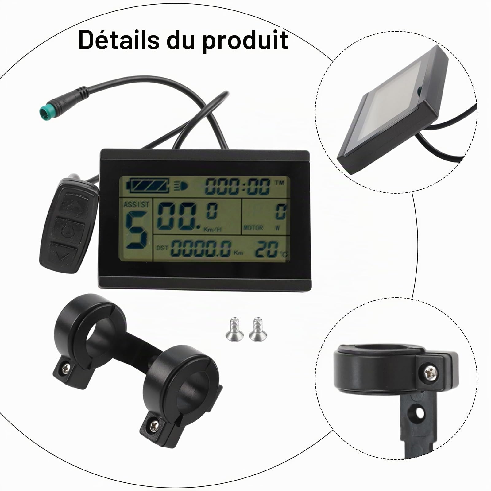 Panneau d'affichage LCD pour vélo électrique KT-LCD3 compatible avec les contrôleurs K-T Series 24 V 36 V 48 V étanche avec support d'installation