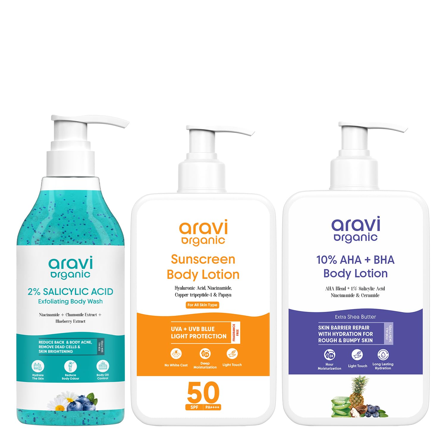 Aravi Organic Clear & Protect Care Combo – 2% Salicylic Exfoliating Body Wash, Sunscreen Body Lotion SPF 50 PA+++ & AHA BHA Exfoliating Lotion (Pack of 3)