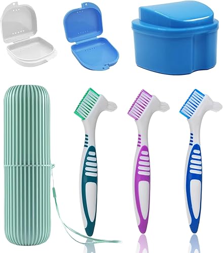Miniatura 1 de Kit de 7 piezas de cepillo para dentadura postiza, herramientas de limpieza de dientes falsos con 3 cepillos, 2 retenedores y cajas de baño con caja
