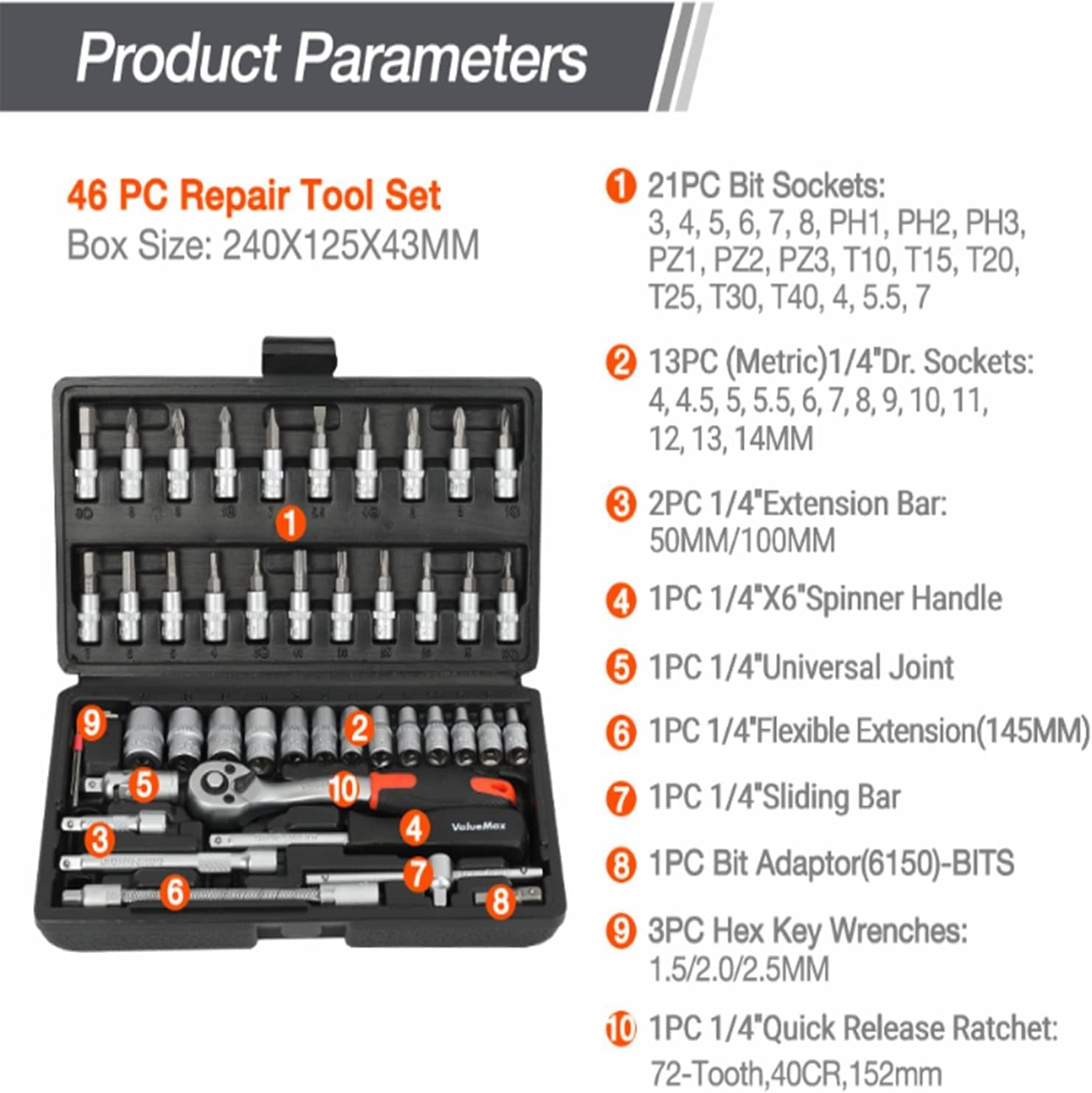 PASS India 46 PCS Multipurpose Tool Kit for Home, Bike, Car, Office, DIY & Industrial Use | Heavy Duty Chrome Tools with Portable Carry Case 2