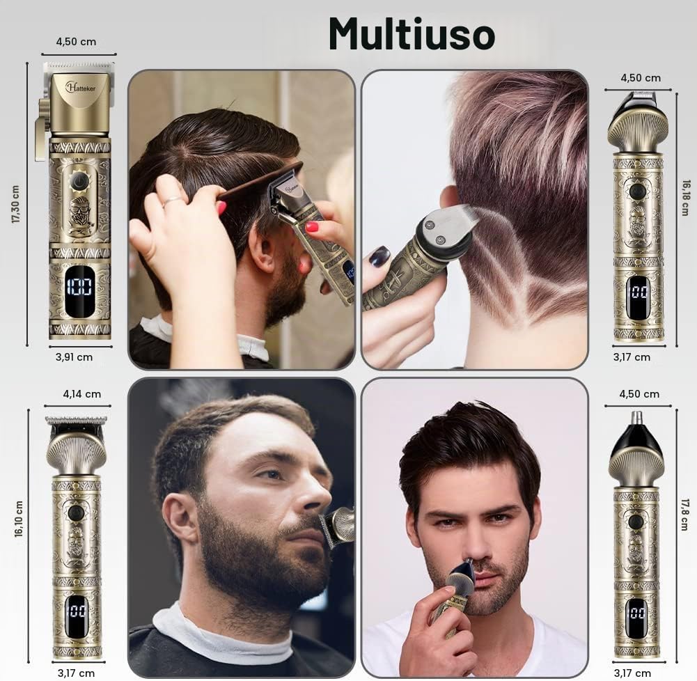 Hatteker Professional Hair Clipper e T-Blade Trimmer Set Per Gli Uomini Cordless Ricaricabile Barber Clipper Beard Nose Hair Trimmer Multipurpose Grooming Kit Display LED (Oro)