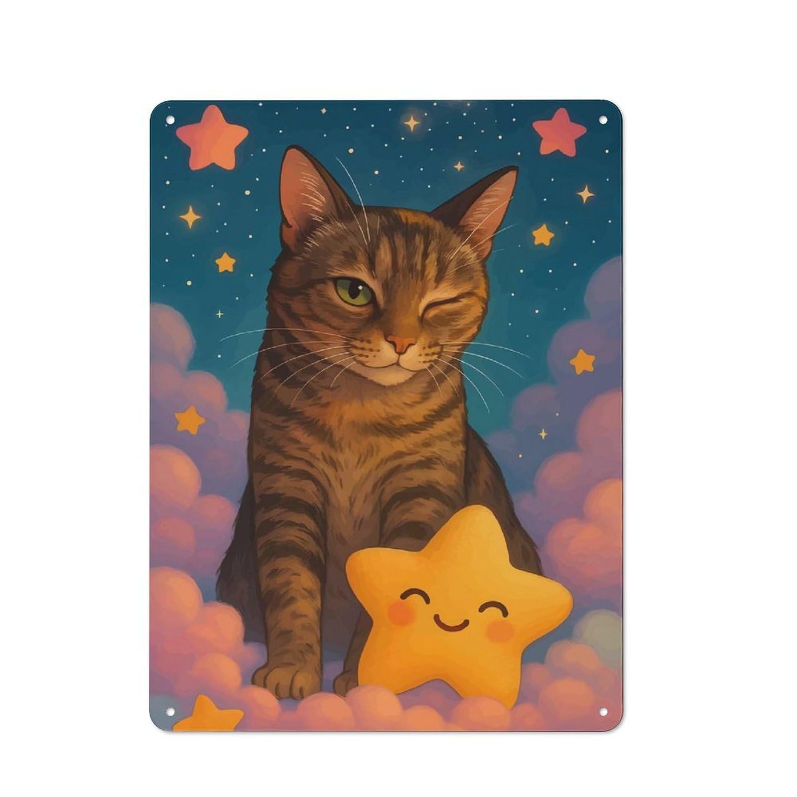 Junmoney Style Winking Cat With Starry Night Cottage Metal Wall Decor 40X30cm, Tin Wall Plaque For Kitchen, Cottage, Porch Or Garden Room