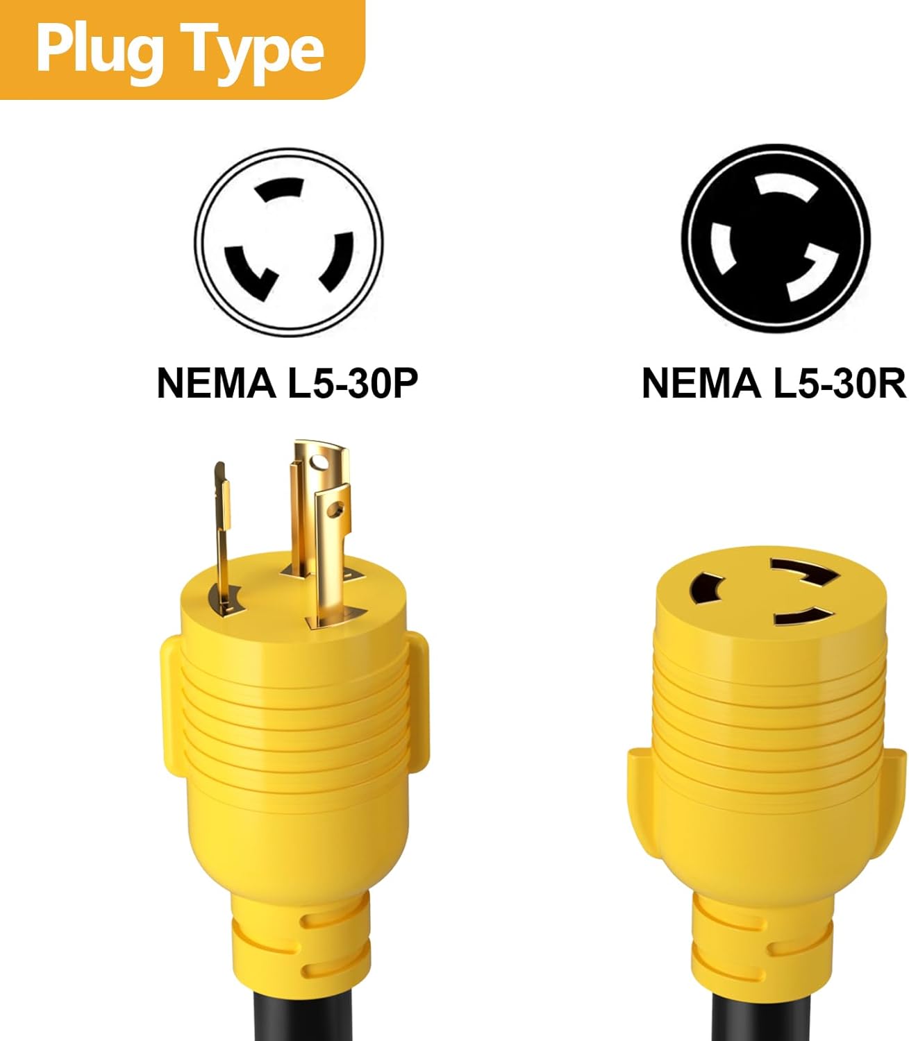 Oviitech 10 Feet NEMA L5-30P/L5-30R Generator Extension Cords，3 Prong Heavy Duty, 30 Amp,125V，10 Gauge SJTW Cable Generator Locking Power Cord and The Cable UL Certification,Yellow