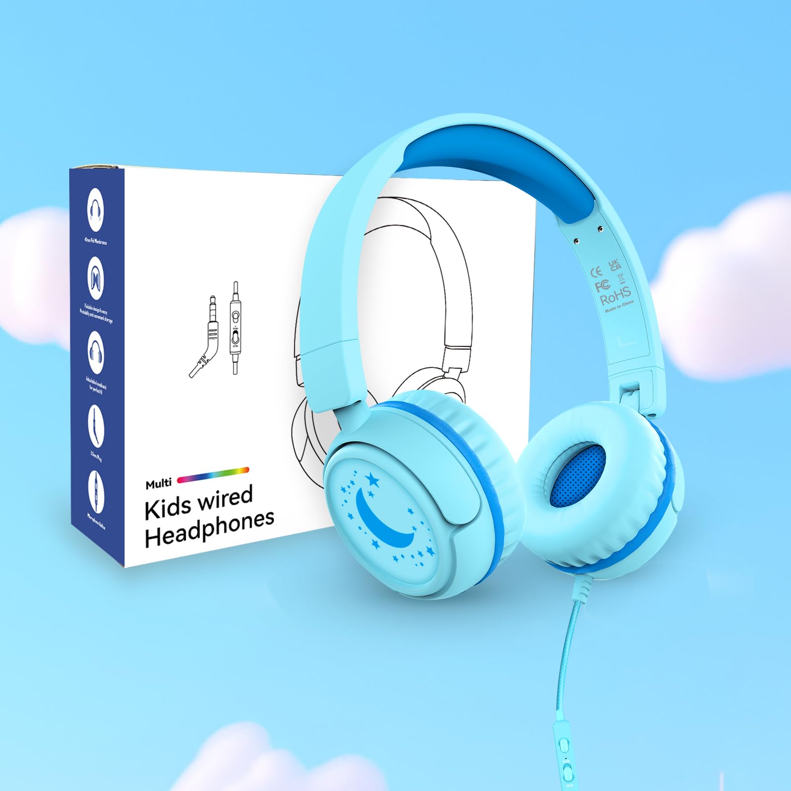K6 - Cuffie per bambini per la scuola, limite di volume 85/94 dB, cuffie cablate per bambini, jack da 3,5 mm, pieghevoli, con microfono, cuffie per smartphone, iPad, tablet, aereo, viaggi (ciano)