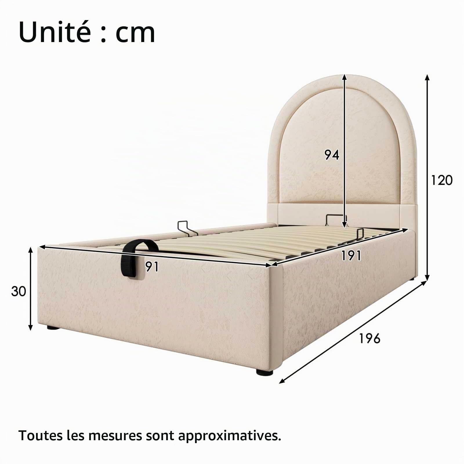 YEHTOKHOME Lit capitonné de Rangement hydraulique,Tête avec Arc en Demi-Cercle,PU rembourré Simple lit d'enfant avec sommier à Lattes(sans Matelas) (Beige, 90x190cm)