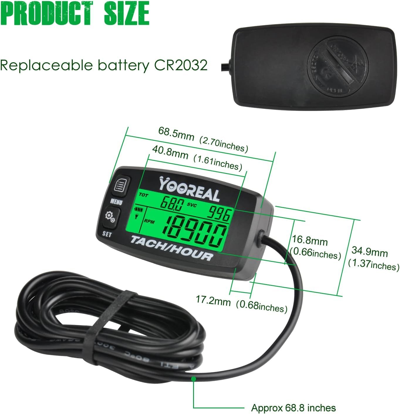 Yooreal LCD-Drehzahlmesser, Wartungserinnerung, Rasentraktor, Generator, Rasenmäher, Kettensäge, Außenborder, Schneemobil, austauschbare Batterie