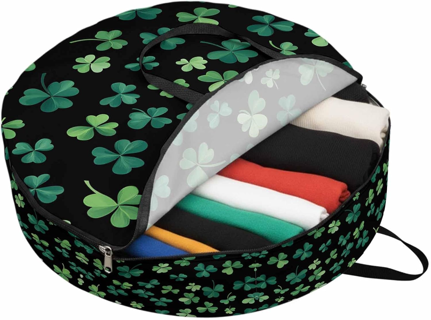 St. Patrick's Day Round Storage Bag 36 Inch, Spring Shamrocks Leaf Black Clothes Storage Container with Handles Heavy Duty Organizer for Comforter, Bedding & Holiday Wreaths