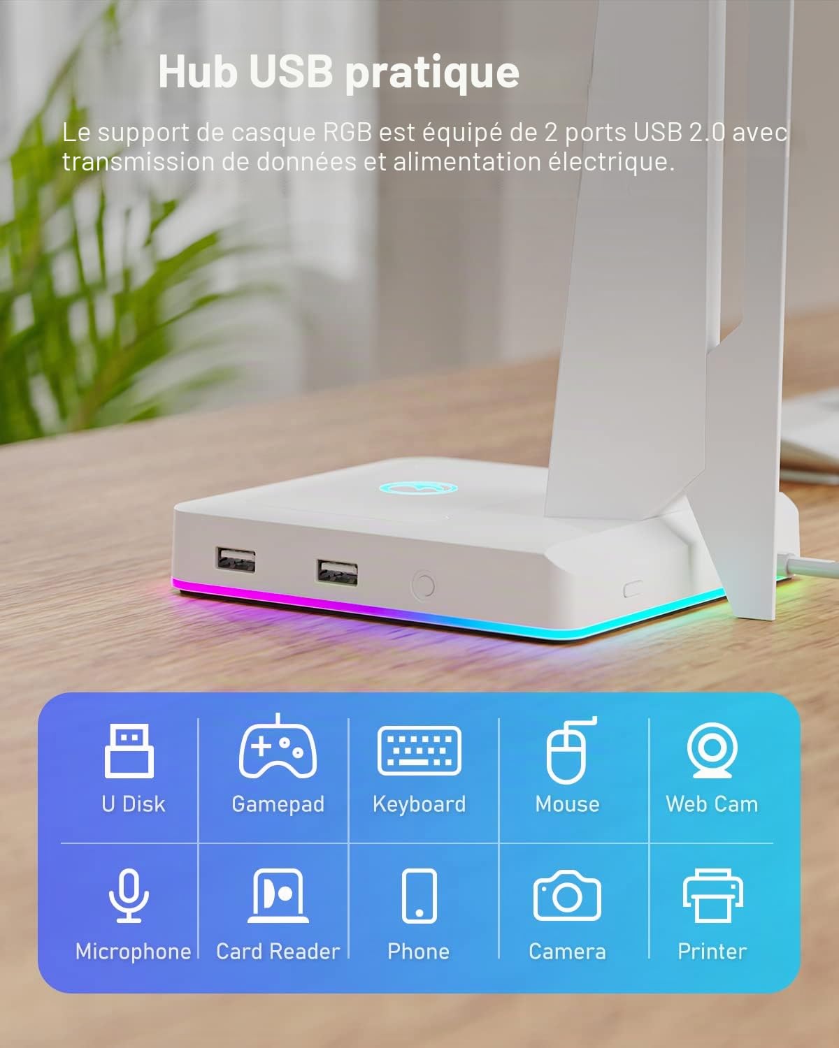 Support de casque de jeu RVB avec 2 ports USB, support de casque de jeu pour PC, Xbox One, PS4, commutateur, support pour écouteurs, idéal pour les stations de jeu, accessoires de bureau