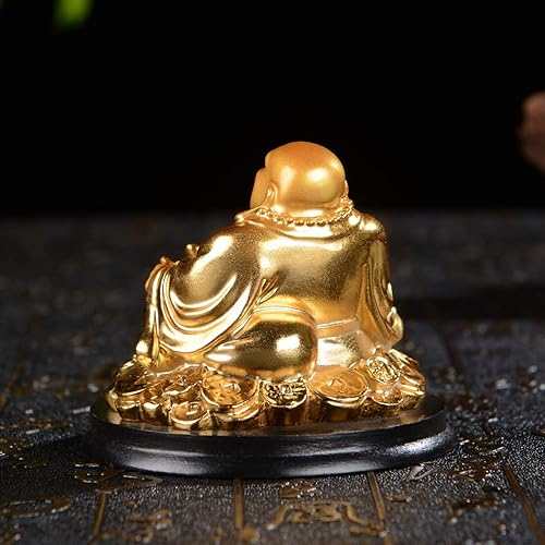 Miniatura 5 de Brass Statu BRABUD - Figura de resina dorada de Buda sonriente sentado en monedas, figura de Feng Shui, riqueza, regalo de la suerte, decoración
