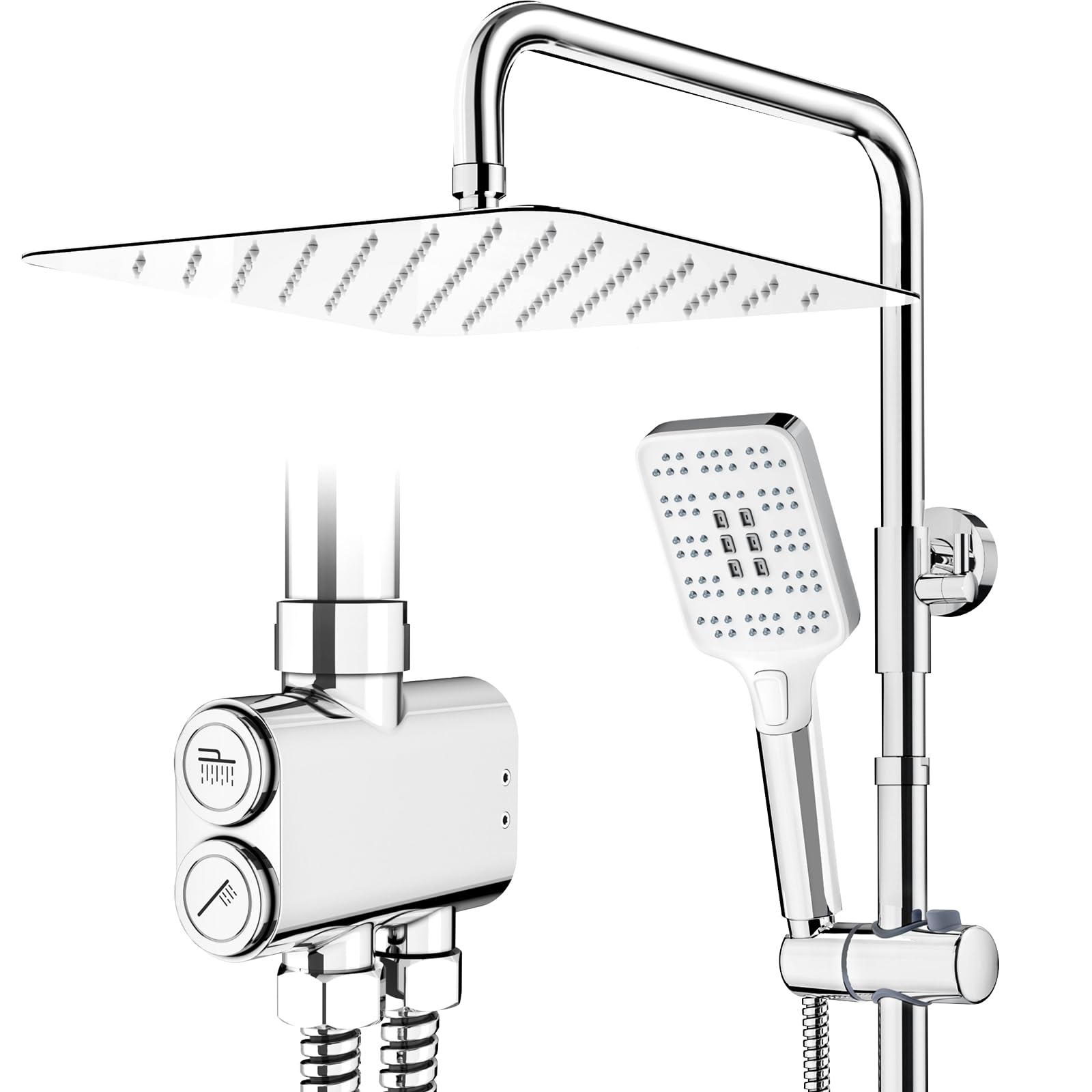 Rainsworth Chrome Shower Riser Rail Kit 12" Square Stainless Steel Rainfall Overhead, 3 Jet Types Handheld Shower,Height Adjustable Shower Set Without Tap, Brass Diverter