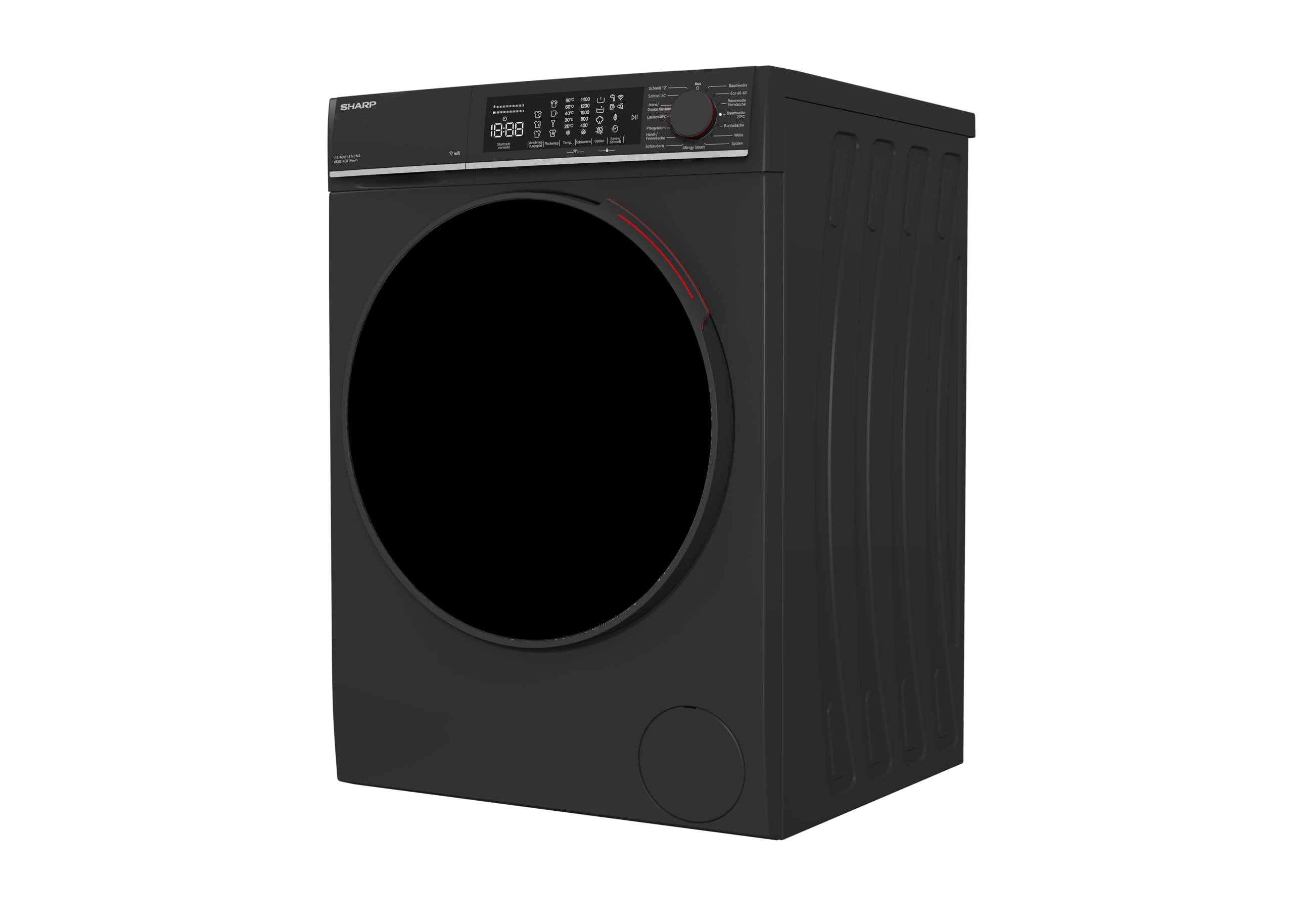 SHARP ES-MNFL814CMA-DE Waschmaschine Frontlader 8 kg, Energieeffizienzklasse A, 1400 U/min, Inverter Motor, AquaStop, Dampffunktion, MicroFiber-Filter, LED Touch Display – Mattschwarz