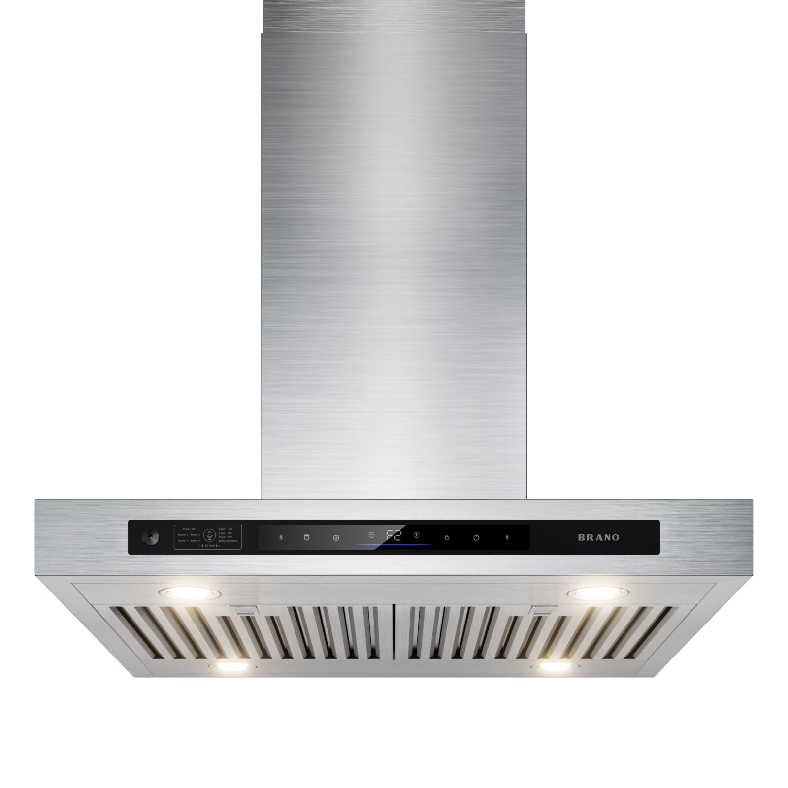 BRANO Island Range Hood 30 Inch with 900 CFM 4 Speeds，Voice/Gesture/Touch Control Kitchen Hood, Ducted/Ductless Convertible，Adjustable Lights Stainless Steel Vent Hood