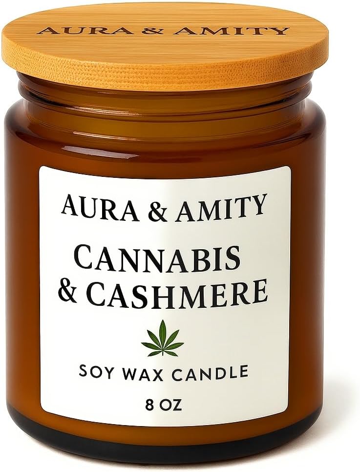 Aura & Amity Cannabis & Cashmere Soy Candle - 8 oz Luxury Hand-Poured Amber Jar Candle - Herbal Cannabis, Soft Cashmere & Musk Scent - Long Burn, Eco-Friendly, Handmade in Texas