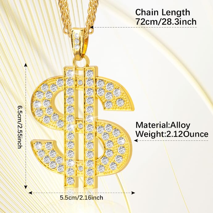 Gold Chain with Dollar Sign, Fake Gold Chain, Gold Money Chains for Men, 80 90s Hip Hop Gold Digger Costume Accessories, Hip Hop Jewelry Pendant Necklace2