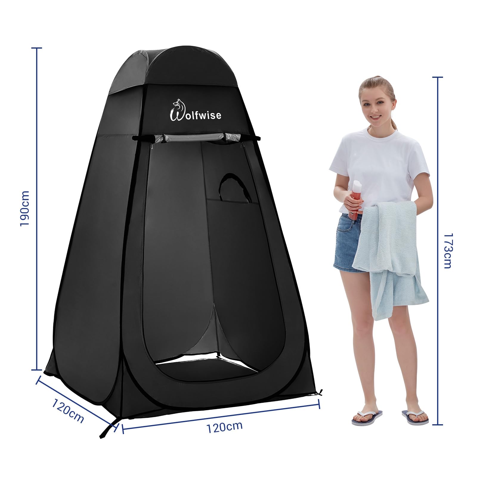 WolfWise Pop-Up Duschzelt Camping & Umkleidezelt mit Boden – Silberbeschichtet, UV-Schutz 50+ & Wasserabweisend, Toilettenzelt mit Fenstern & Tragetasche für Outdoor & Strand, 1,9 m/2 m/2,1 m Hoch