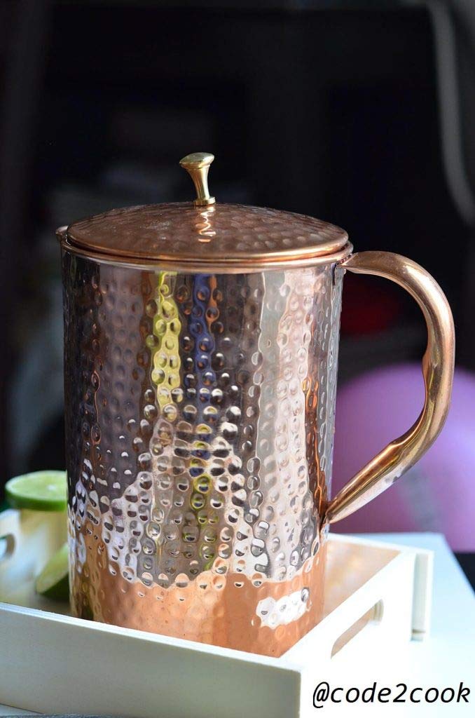 Indischer Krug aus reinem Kupfer mit 1 Becherglas-Set für ayurvedische Heilung, Inhalt 1,5 Liter