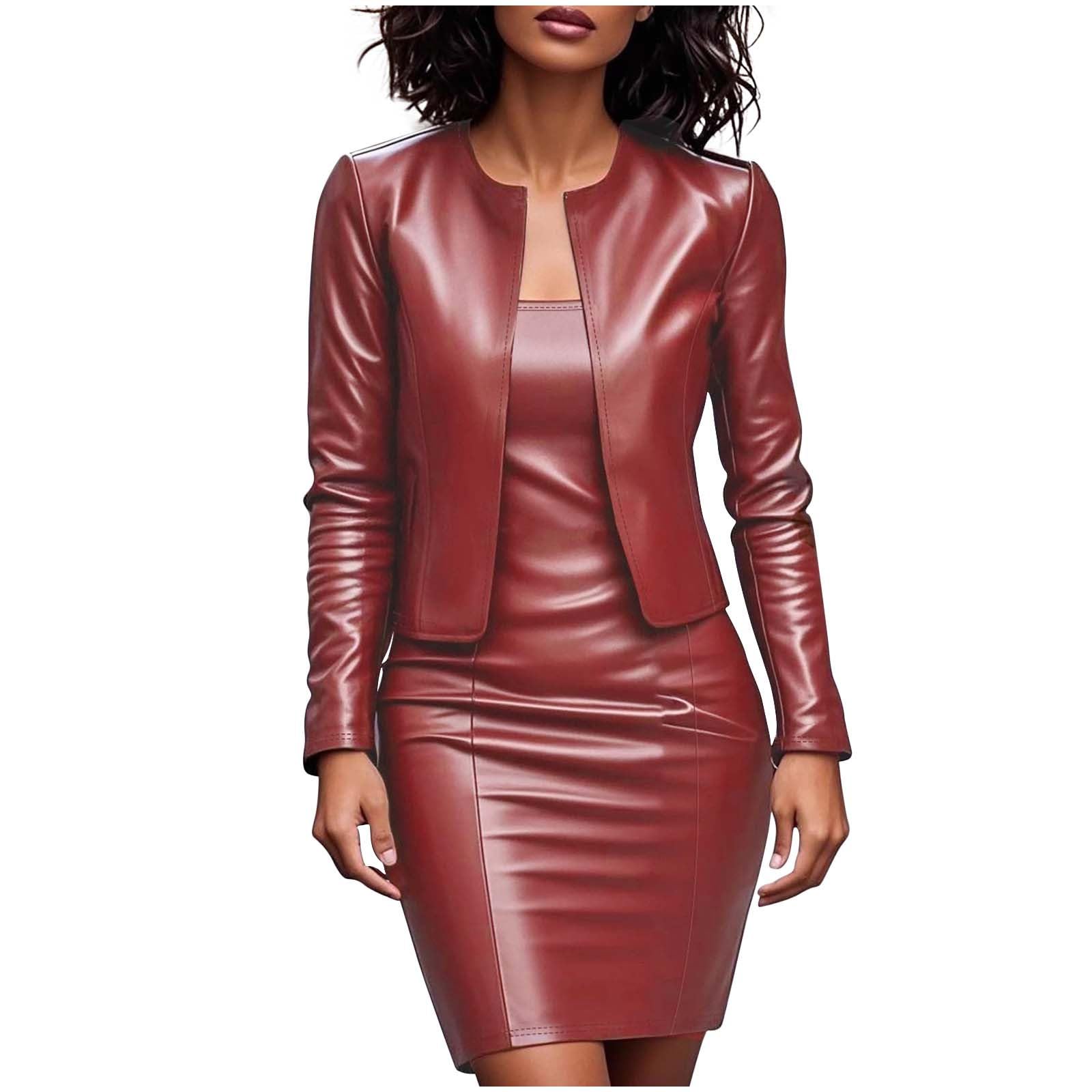 Women Faux Leather Business Dress Suit Sets 2 Piece Work Office Fashion Outfits Cropped PU Cardigan Bodycon Dress