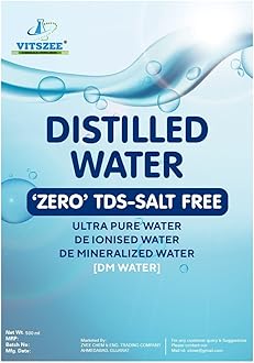 VITSZEE Distilled Water | H2O | Pure Di-Ionized Water, DM Water For multipurpose uses Battery/Inverter, Autoclaving, Cosmetic Reagent water, Lab Scientific (99.9% Pure (0 TDS) 500 ml DISTILLED WATER)