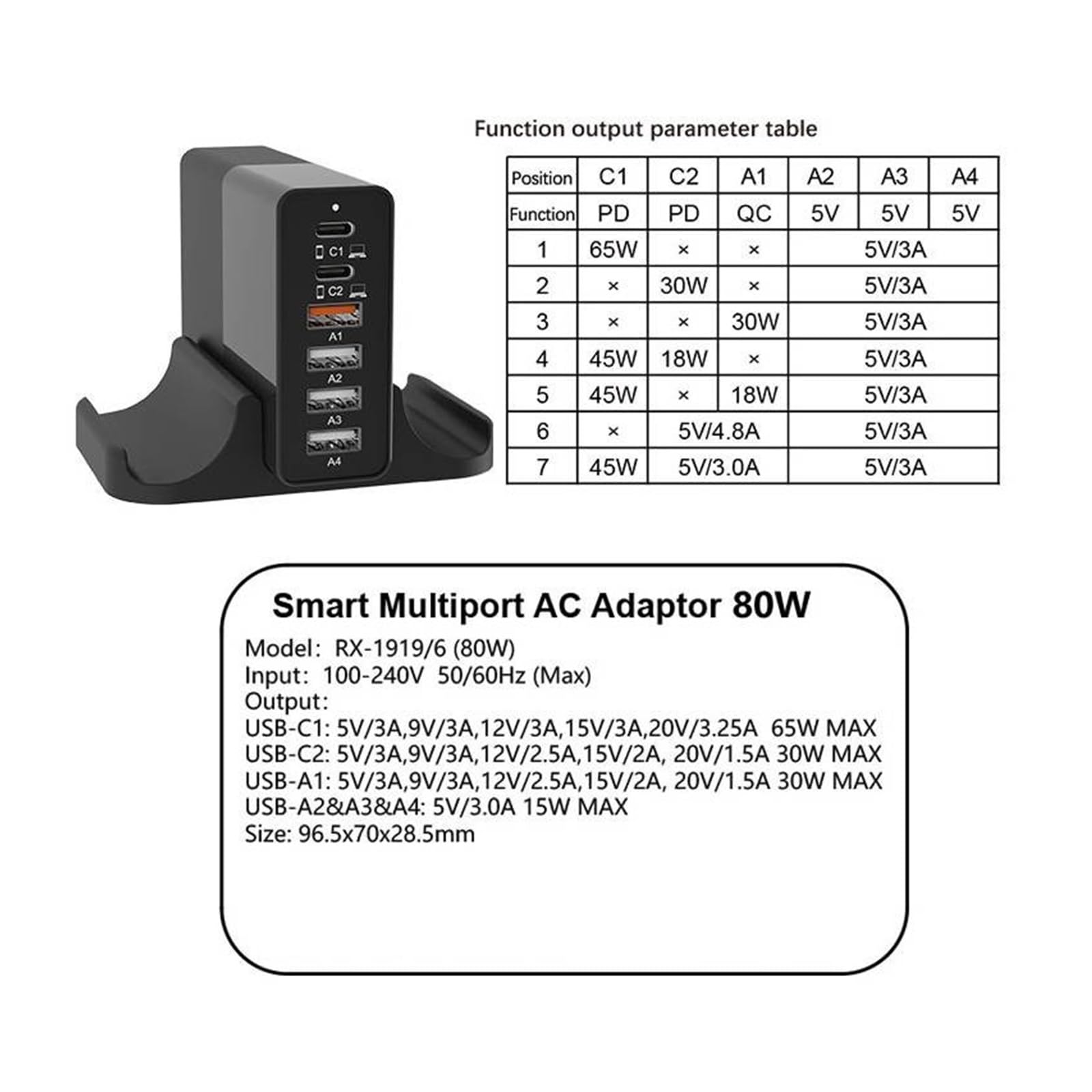 Cargador USB De 80W PD QC3.0, Protocolo Dual, Carga Rápida, 6 Puertos, Estación Múltiple