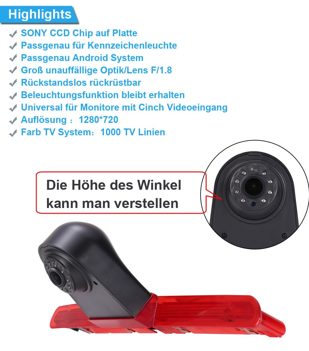 1280 * 720 Brake Bremsleuchte Auto Kamera Bremslicht Rückfahrkamera Fit for VW T6 Caddy Maxi Cargo Transporter Business MPV SUV Bus+7" Reverse Monitor