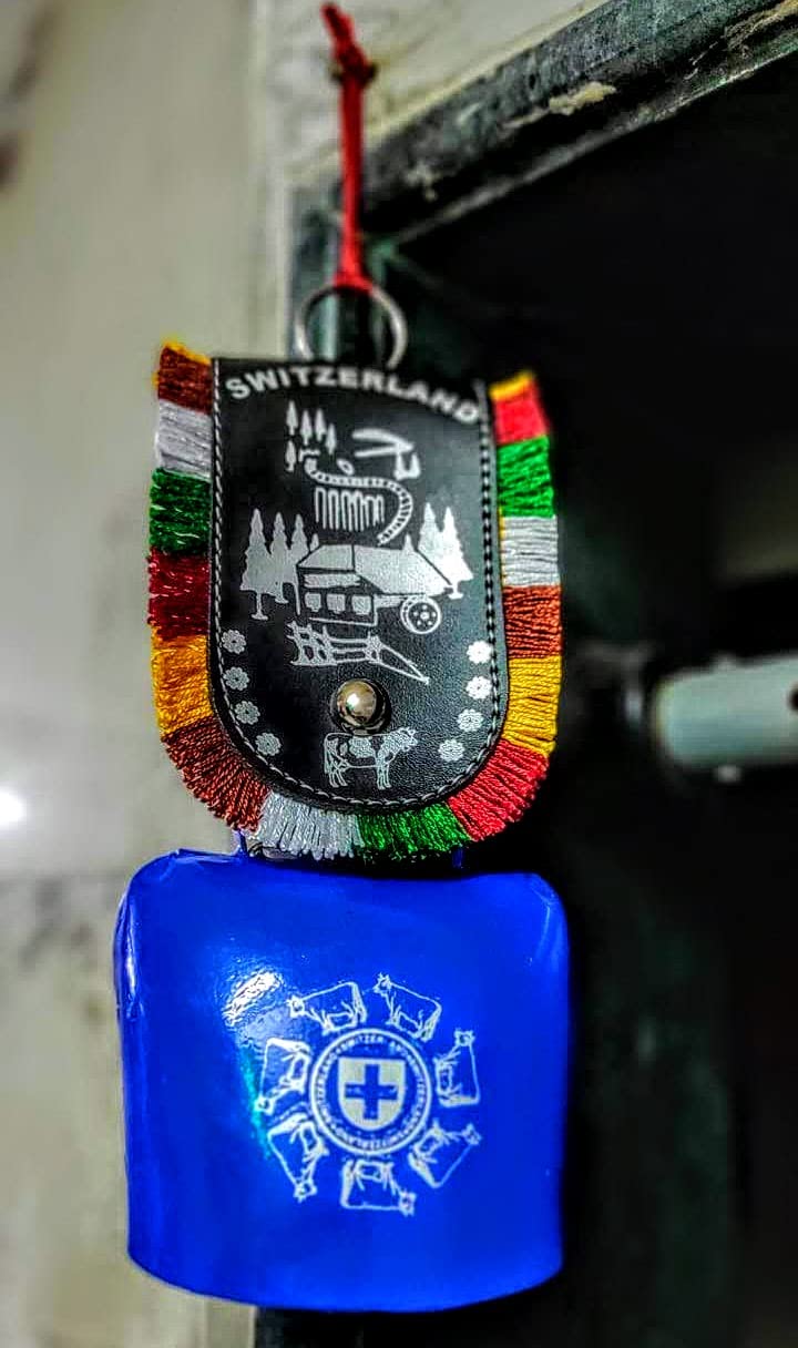 Vital Creations Large Size Swiss Cow Bell Door Hanging Metal Bell for Home Decor Positive Energy DDLJ Bell (25x9x9 cm) (Random Colour)