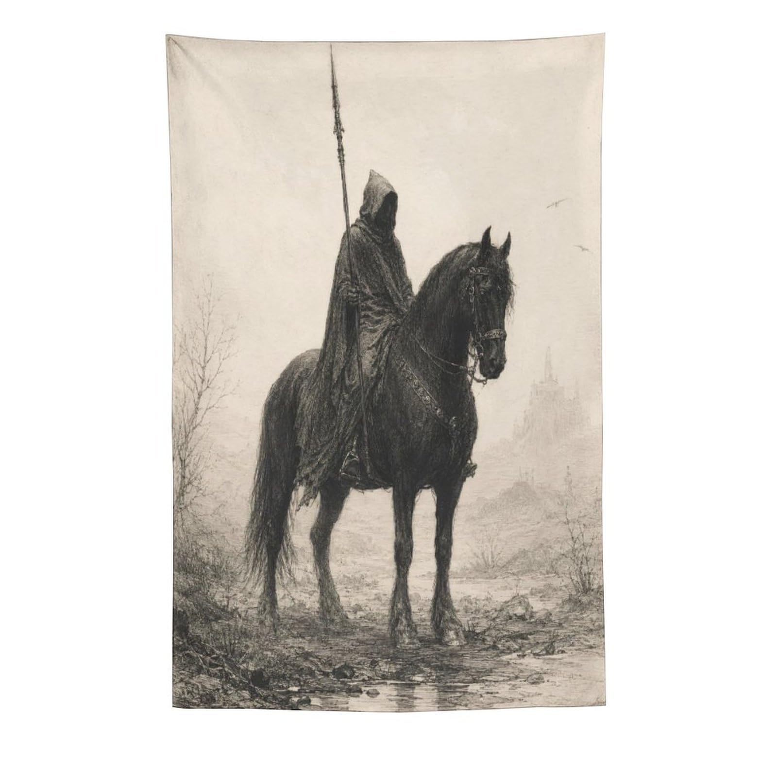 H3B8U2Y5 Lone Horseman Wall Tapestry, Asian Ink Style, Sofa Area